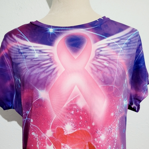 Breasr Cancer Site Women's Silky T-shirt Floral Wings Ribbon Size Large - Picture 3 of 10